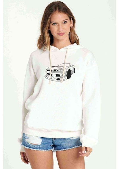 Nissan Skyline Line Art Baskılı Beyaz Kadın Kapşonlu Sweatshirt