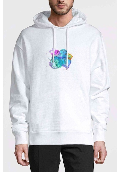 Fotoğraf Makinesi Suluboya Baskılı Beyaz Erkek Sweatshirt