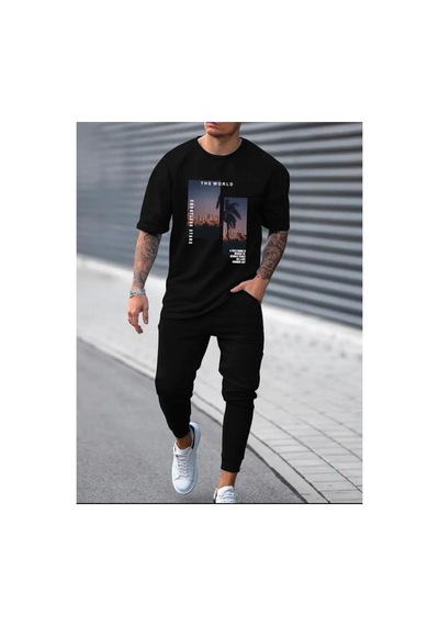 Medinenur Cıty Vıew Baskılı T-shirt Eşofman Altı Jogger Rahat Kalıp Siyah Eşofman Takım Siyah