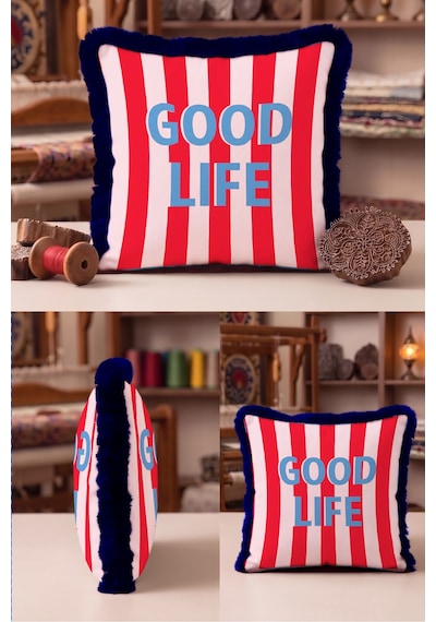 Pop Art Good Vibes Saçaklı Yastık Kılıfı - Lacivert Retro Kırmızı Mavi Püsküllü Kırlent Kılıfı Sakin Vadi Mira