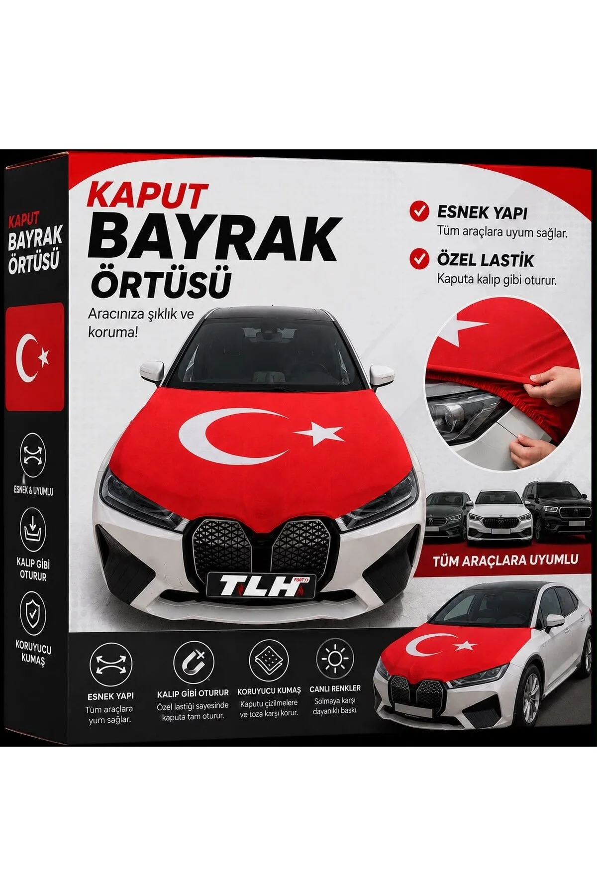 Ön Kaput Türk Bayrağı Üniversal Tüm Araçlara Uyumlu Kalın Kaliteli Kumaş Bayrak
