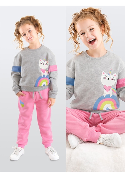 Denokids Rainbow Cat Kız Çocuk Alt-Üst Eşofman Takım