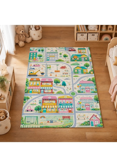 Kartela Halı Şehir Haritası Kaymaz Taban Çocuk Oyun Halısı - 60 X 90 Cm Çok Renkli