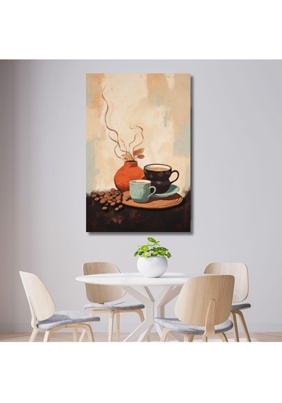 Tekli Dikey Kanvas Mutfak Tablosu Kahve Köşesi Çizgisel Fincan, 40 X 60 -