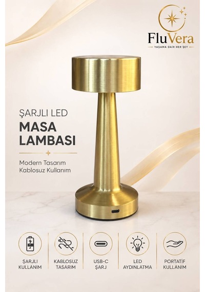 Düz Başlık Şarjlı Led Masa Lambası Kablosuz Dekoratif Masa Lambası Usb-c Şarjlı Portatif Modern Tasarım Altın