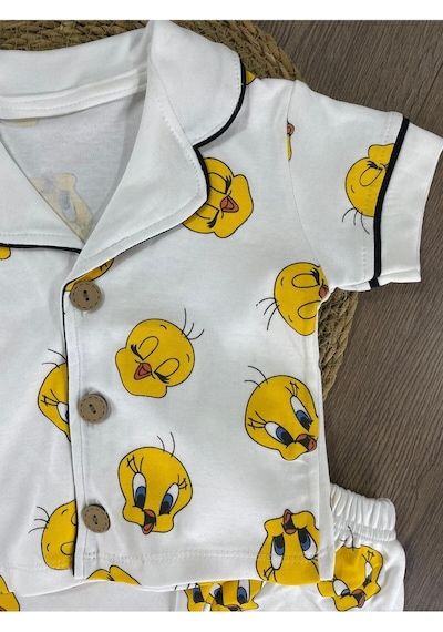 Kruvaze Yaka Önden Düğmeli Rahat Kalıp Yazlık Unisex Bebek Pijama Takımı %100 Pamuk 4bb2 Beyaz