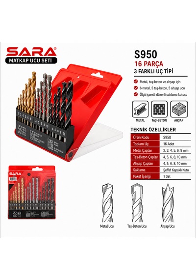 Sara S950 Matkap Ucu Seti 16 Parça, Metal, Taş-beton Ve Ahşap Uçları