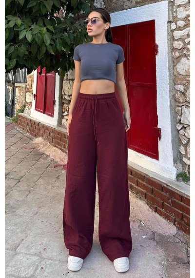 Madmext Bordo Bol Paça Müslin Kadın Pantolon Mg1980 Bordo
