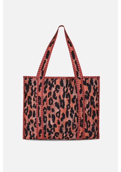 İcone Bag Patch Yama Desen Baskılı Kapitoneli Plaj Çantası, İçi Çizgili Baskılı Shopper Çanta, Pembe Plaj Çantası Leopar