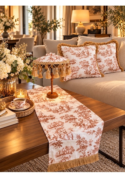 Missidea French Toile Elegance Desenli Dekoratif Masa Üstü Lambası Bali Şemsiyesi Seti Şemsiye + Runner + 2 Li Kırlent Kılıfı Kahverengi