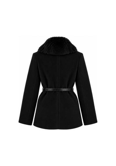 Laluvia Siyah Kürk Yaka Peluş Ceket - 9688