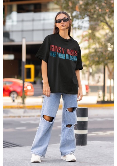 Sevbano Guns N' Roses Use Your Illusion Yazılı Sırt Baskılı Unisex Oversi Siyah