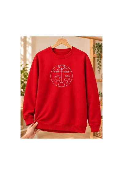 Mor Mürekkep Kam Davulu Baskılı Bisiklet Yaka Sweatshirt - Kırmızı