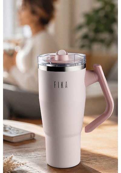 Fika Lumi Patentli Döner Kulplu Sızdırmaz Çift Ağızlıklı Çelik Termos 950 Ml Pembe