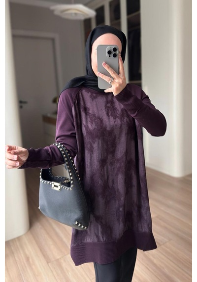 Kahijab Desenli İpek Cupra Merserize Tunik - Mürdüm