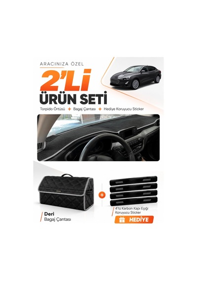 E-biz Ford Focus 4 2017-2021 Uyumlu Torpido Örtüsü + Deri Bagaj Çantası Seti - Siyah-gri - Fo013
