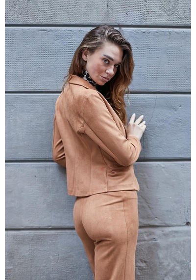 Hafif Likralı Süet Kumaş Flato Cepli Uzun Kol Kısa Blazer Ceket-camel CAMEL