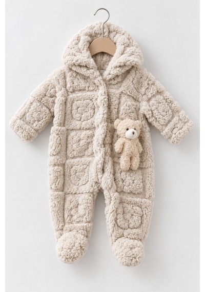 Kız Erkek Bebek Tavşan Ve Ayı Oyuncaklı Peluş Tulum Tlm0301 Bej