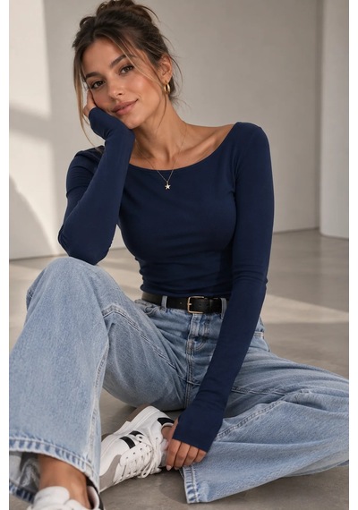 Bb Butik Basic Soft Touch Parmak Geçmeli Kayık Yaka Bluz Mdk35 Lacivert