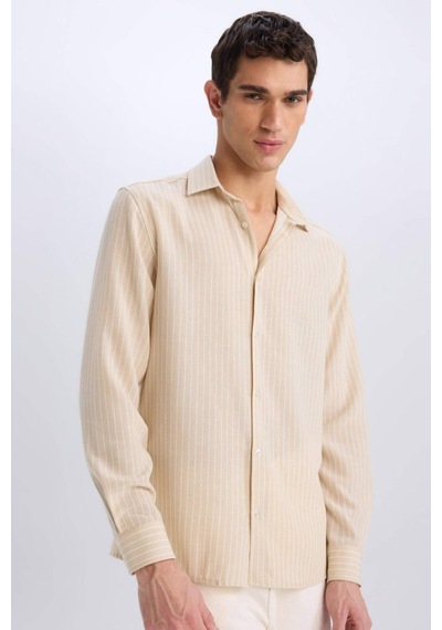 Defacto Regular Fit Polo Yaka Keten Görünümlü Uzun Kollu Gömlek E3308ax25smbg106 Bej