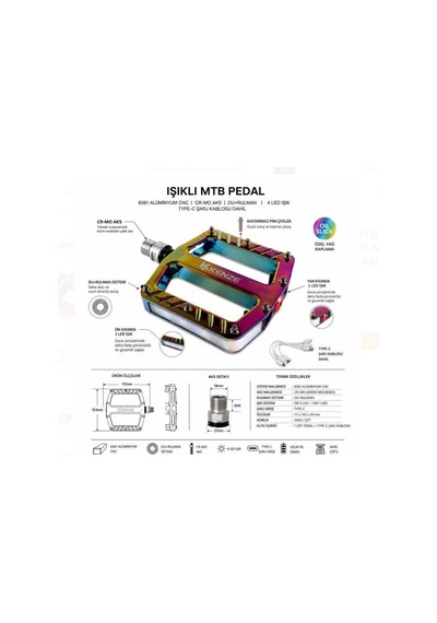 Kenze 3 Rulmanlı Işıklı Rainbow Alüminyum Alaşımlı Mtb Bmx Geniş Hafif Platform Pedal Işıklı Oilslick
