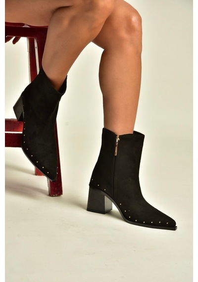 Fox Shoes Z308400102 Siyah Süet Kalın Topuklu Pimli Kadın Bot