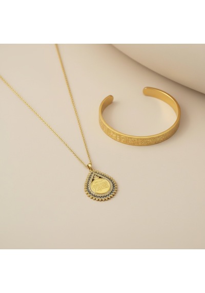Damla Model Kolye Ve Ayetel Kürsi Bileklik Seti Gold Renk Çelik Takı Altın