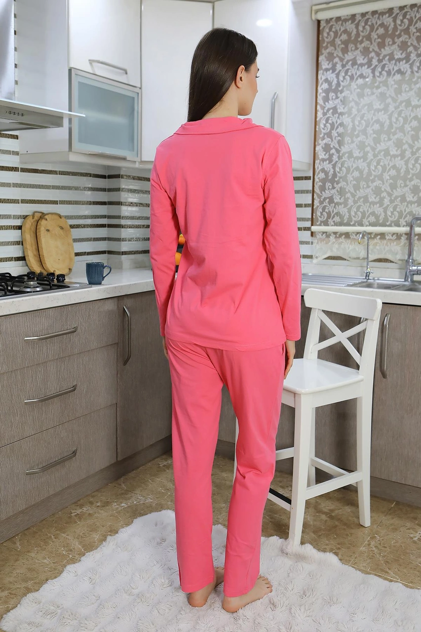 Akbeniz Kadın Pamuk Penye Önden Düğmeli Uzun Kol Pijama Takım Pembe 2783 Pembe
