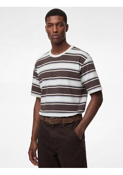 Koton Oversize Kısa Kollu Bisiklet Yaka Çizgili Tişört Kahverengi Çizgili 6sam10387mk Koton Oversize Kısa Kollu Bisiklet Yaka Çizgili Tişört Kahverengi Çizgili 6sam10387mk