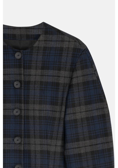 Kadın Lacivert Ekoseli Bisiklet Yaka Crop Blazer Lacivert
