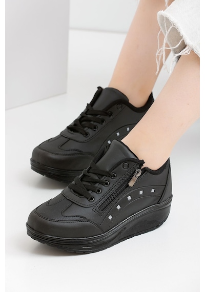 Kadın Siyah Spor Ayakkabı 6 Cm Yüksek Rahat Taban Sneaker X300 Siyah