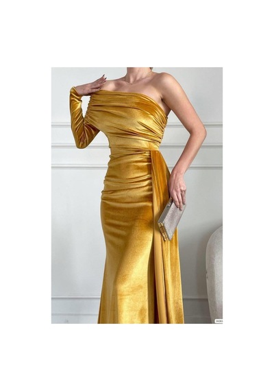 DefyModa Kadın Vintage Tek Omuz Kuyruklu Balık Kesim Abiye Elbise Sarı