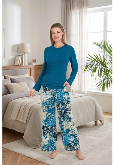 Go İthalat Kadın Şık Tasarım Desenli Geniş Paçalı Yumuşak Dokulu Viskon Kumaş 2'li Pijama Takımı mavi