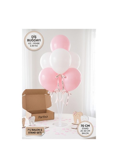 Diş Buğdayı Kız Bebek Balon Standı Seti 70 Cm Masa Standı 7 Adet Lateks Balon Pembe Beyaz Çok Renkli