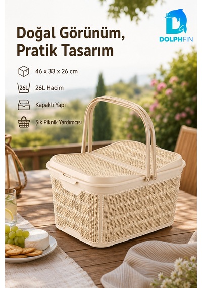 Jute Piknik Sepeti 26 L Çok Amaçlı Saklama Taşıma Sepeti Çamaşır Oyuncak Düzenleyici Bej