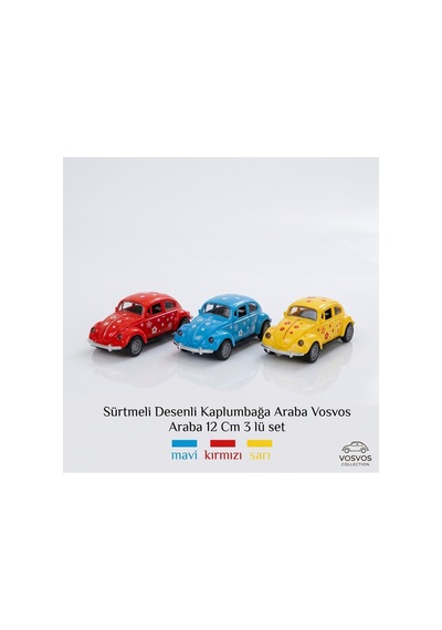 Alpmodel Sürtmeli Desenli Kaplumbağa Araba Vosvos Araba 12 Cm 3'lü Set Mavi Kırmızı Sarı
