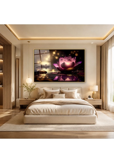 Bokeh Işığında Pembe Nilüfer Gold Çerçeveli Cam Tablo