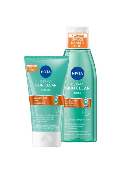 Derma Skin Clear Sivilce Karşıtı Yüz Temizleyici Peeling 150ml Ve Nemlendirici Tonik 200ml, Yağlı Cilt, Salisilik Asit, Niasinamid, Deniz Tuzu, Bha