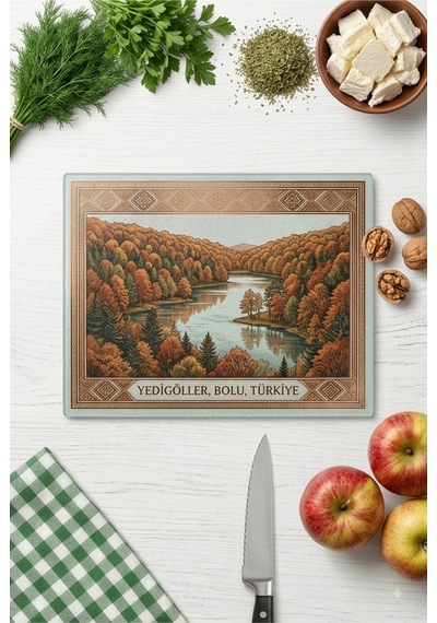 Gökçeoğlu Cam Kesme Tahtası Yedigöller Temalı - Cam Kesme Tablası 30cm X 40cm Beyaz