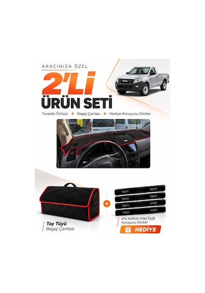 E-biz Isuzu D-max 2012-2019 Uyumlu Torpido Örtüsü + Tay Tüyü Bagaj Çantası - Siyah-kırmızı - Is002