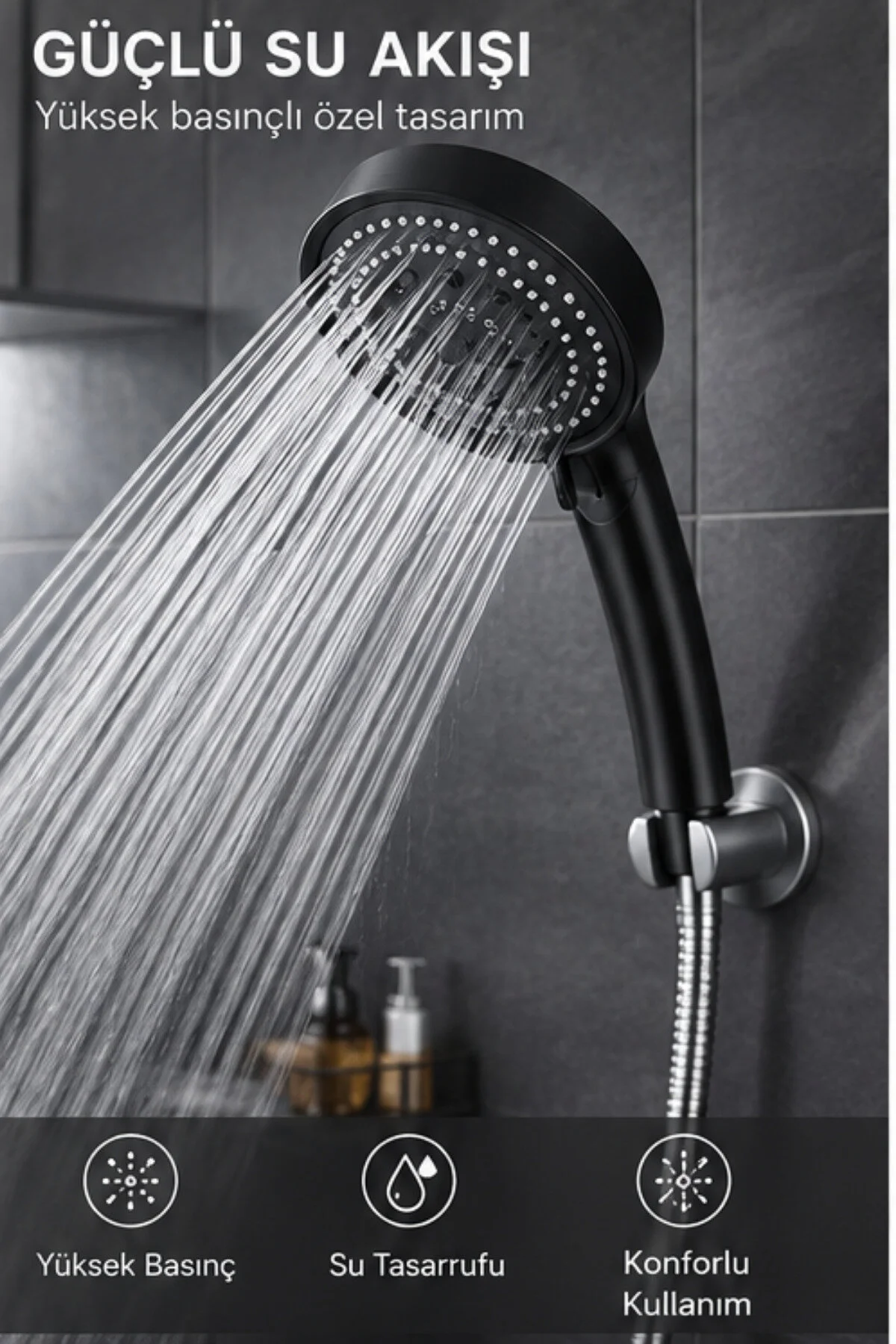 Yüksek Basınçlı Duş Başlığı Siyah Mod Ayarlı Su Tasarruflu Banyo Duş Başlığı Antrasit