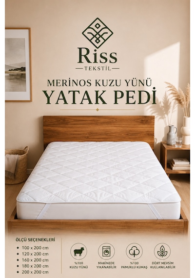 Riss Tekstil %100 Merinos Kuzu Yünü Yatak Pedi, Yatak Koruyucu, Yatak Alezi Beyaz 100 x 200
