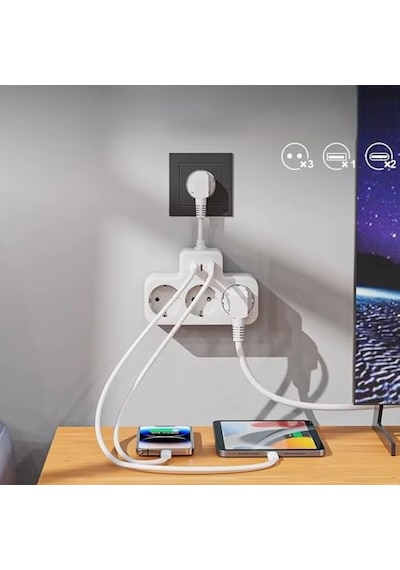 Voltaj Korumalı Priz Duvar Tipi Kısa Kablolu Priz Çoğaltıcı 3x Soket 2x Type-c 1x Usb 16a 3680w 1050 Joule Çocuk Standart