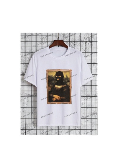 Kod Trend Erkek Büyük Beden Komik Mona Lisa Baskılı T-shirt Beyaz