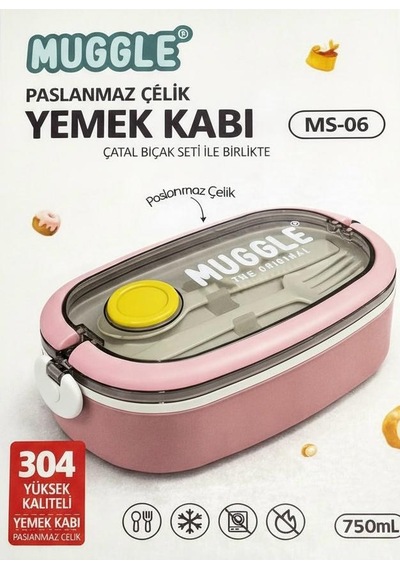 Paslanmaz Çelik Yemek Kabı 750 Ml - Çatal Kaşık Setli, Çift Kilitli Tasarım- Pembe Renk Çok Renkli