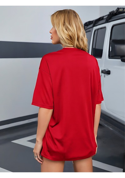 Basic Düz T-shirt - Kırmızı Baskısız Oversize Bisiklet Yaka Kısa Kol Tişört Kırmızı