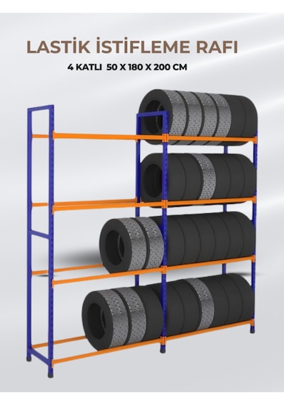 4 Katlı Lastik İstifleme Rafı 50x180x200 Cm Çok Amaçlı Raf Galvaniz
