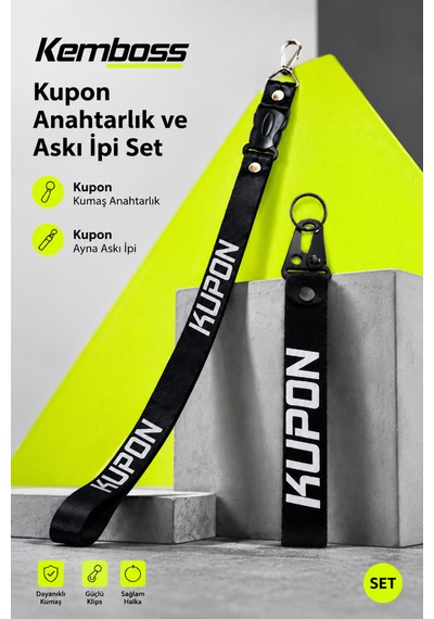 Kupon Yazılı Ayna Askı İpi Ve Kumaş Anahtarlık Seti Siyah Araç Aksesuarı Set