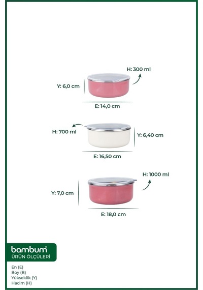 Bambum Lumino 3 Lü Emaye Saklama Kabı Pembe B7690 300+700+1000ml