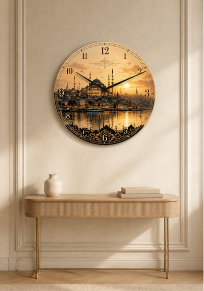 AA Shop İstanbul Türkiye Şehir Manzaraları Desenli Dekoratif Baskılı Ahşap Duvar Saati 45 Cm Sessiz Akar Mekanizma 895 Çoklu Renkli